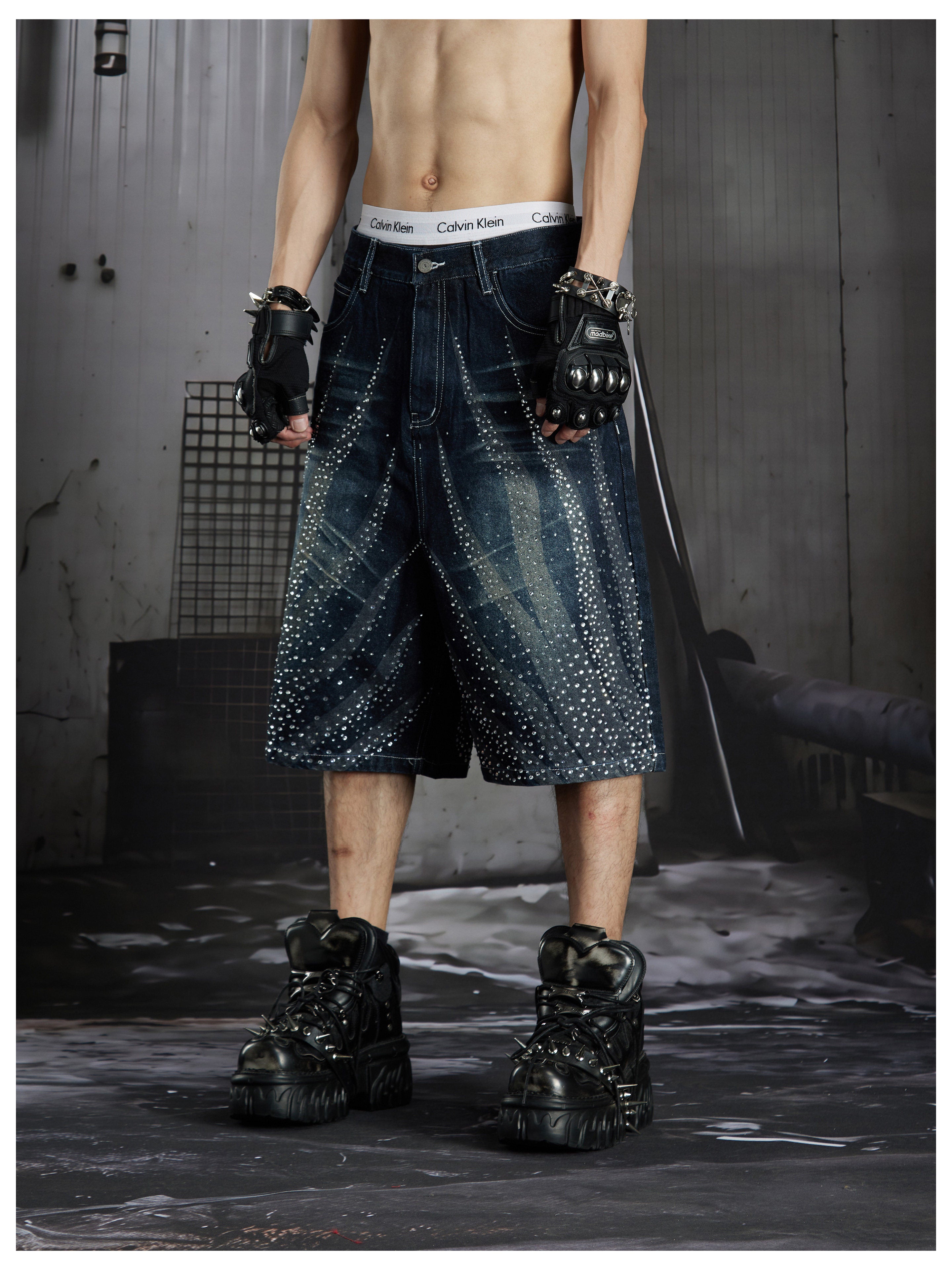 NOMANIAI Washing water distressed loose beaded seven-inch pants