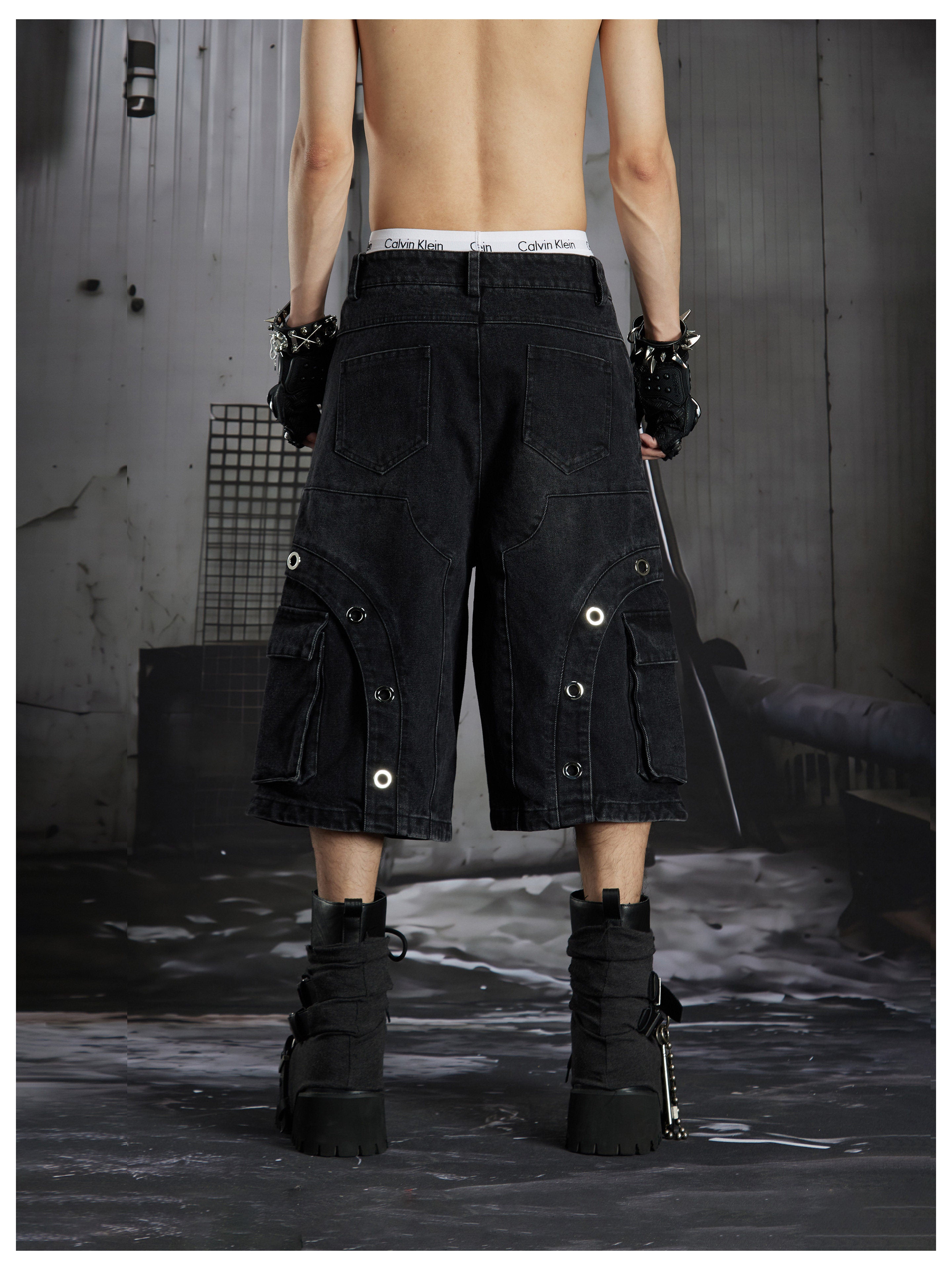 NOMANIAI Darkly stitched metal-embroidered shorts