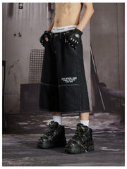 NOMANIAI Multi-pocket adjustable earflap printed capri pants