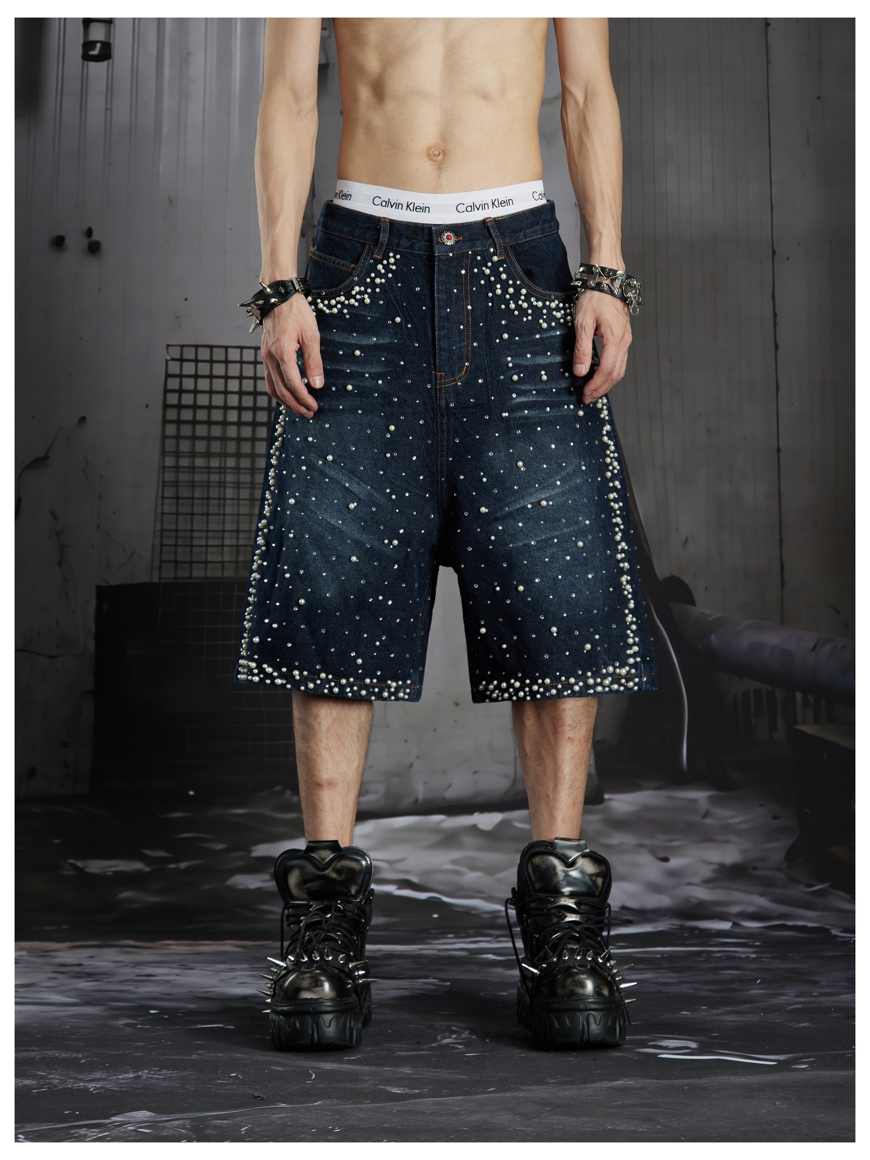 NOMANIAI Dark punk distressed wash denim capri pants