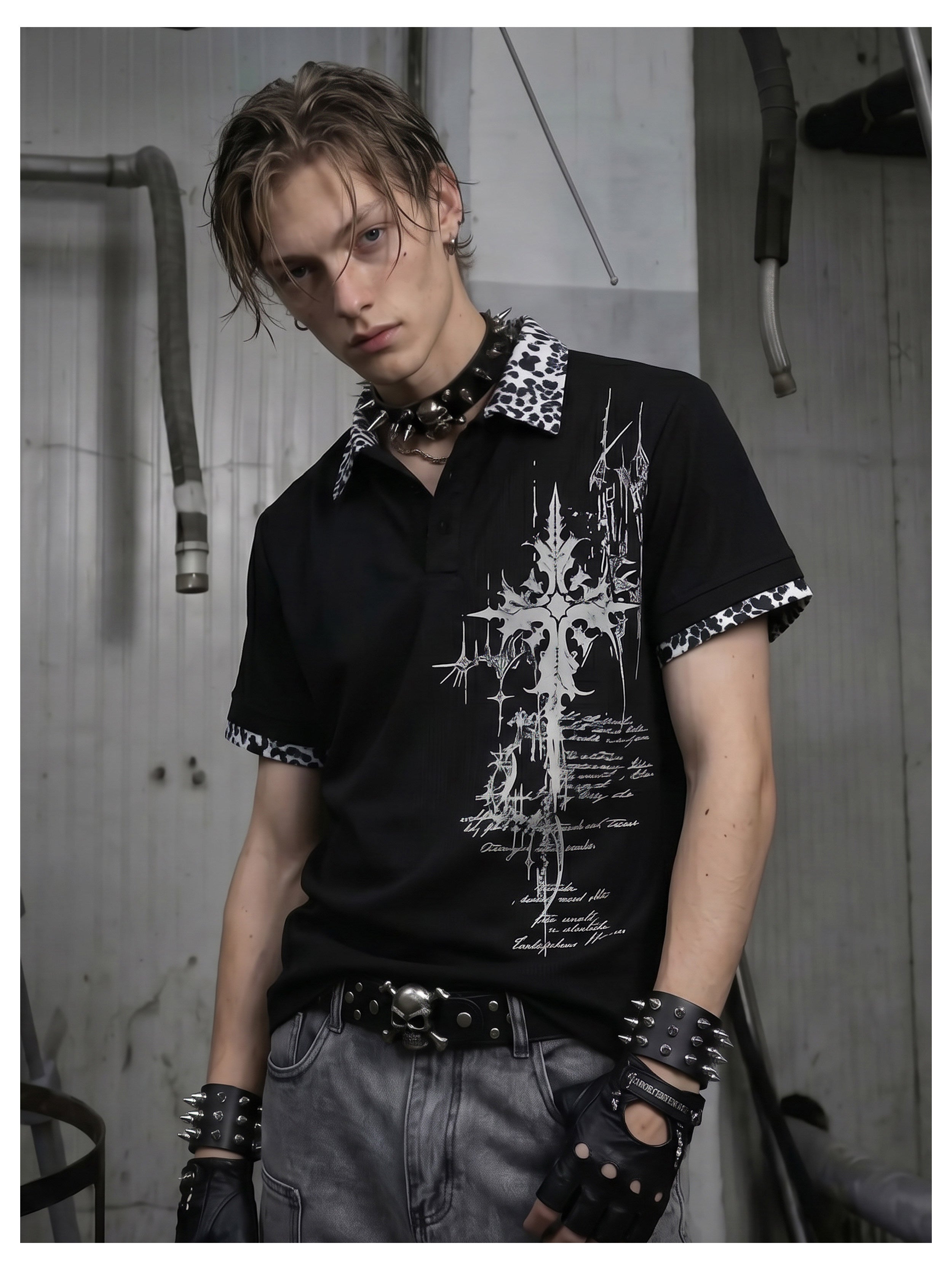 NOMANIAI Lightya Streetwear Y2K Leopard Print Collarless T-Shirt
