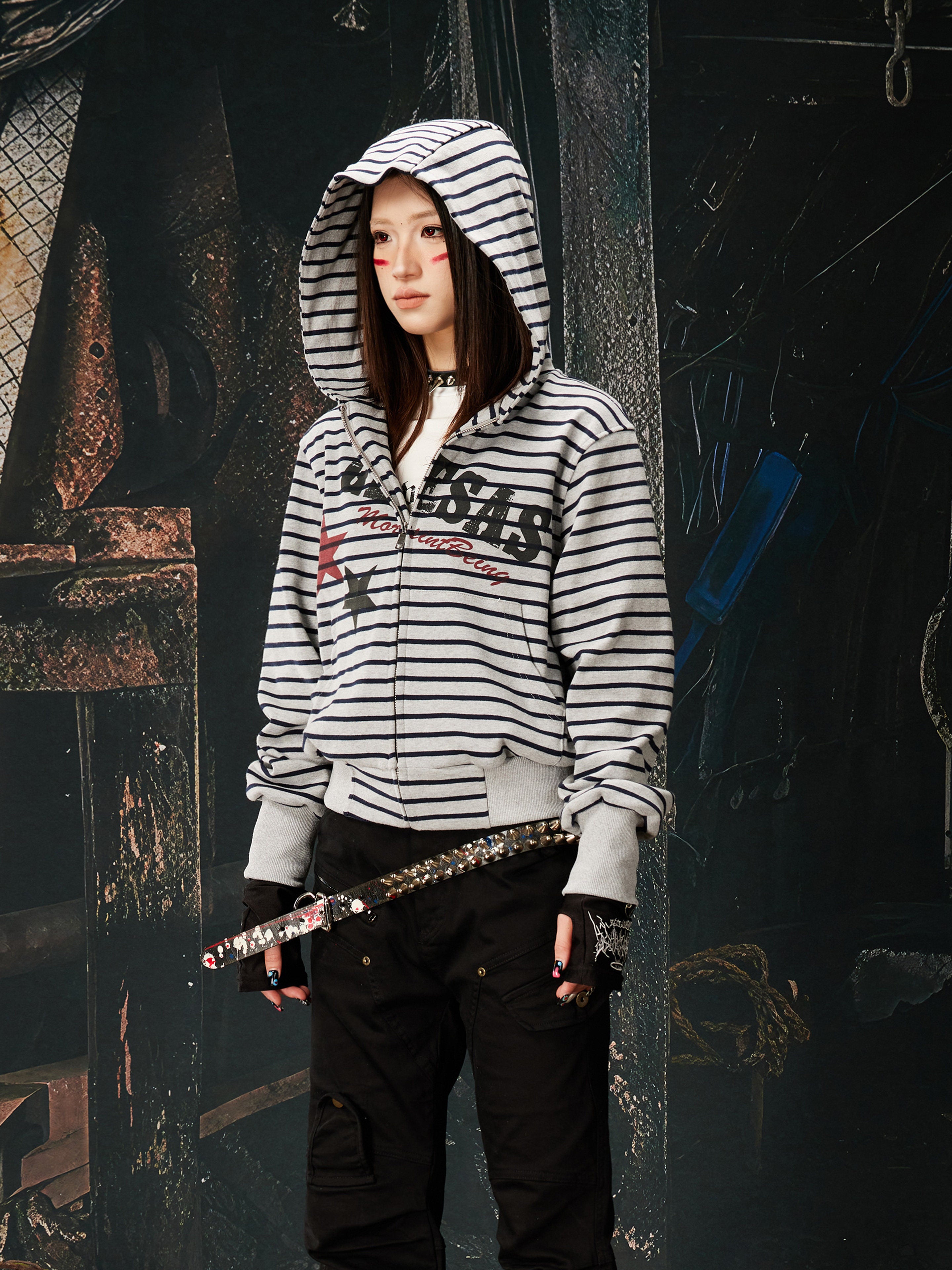 NOMANIAI Street Jersey Printed Striped Short Hooded Shirt