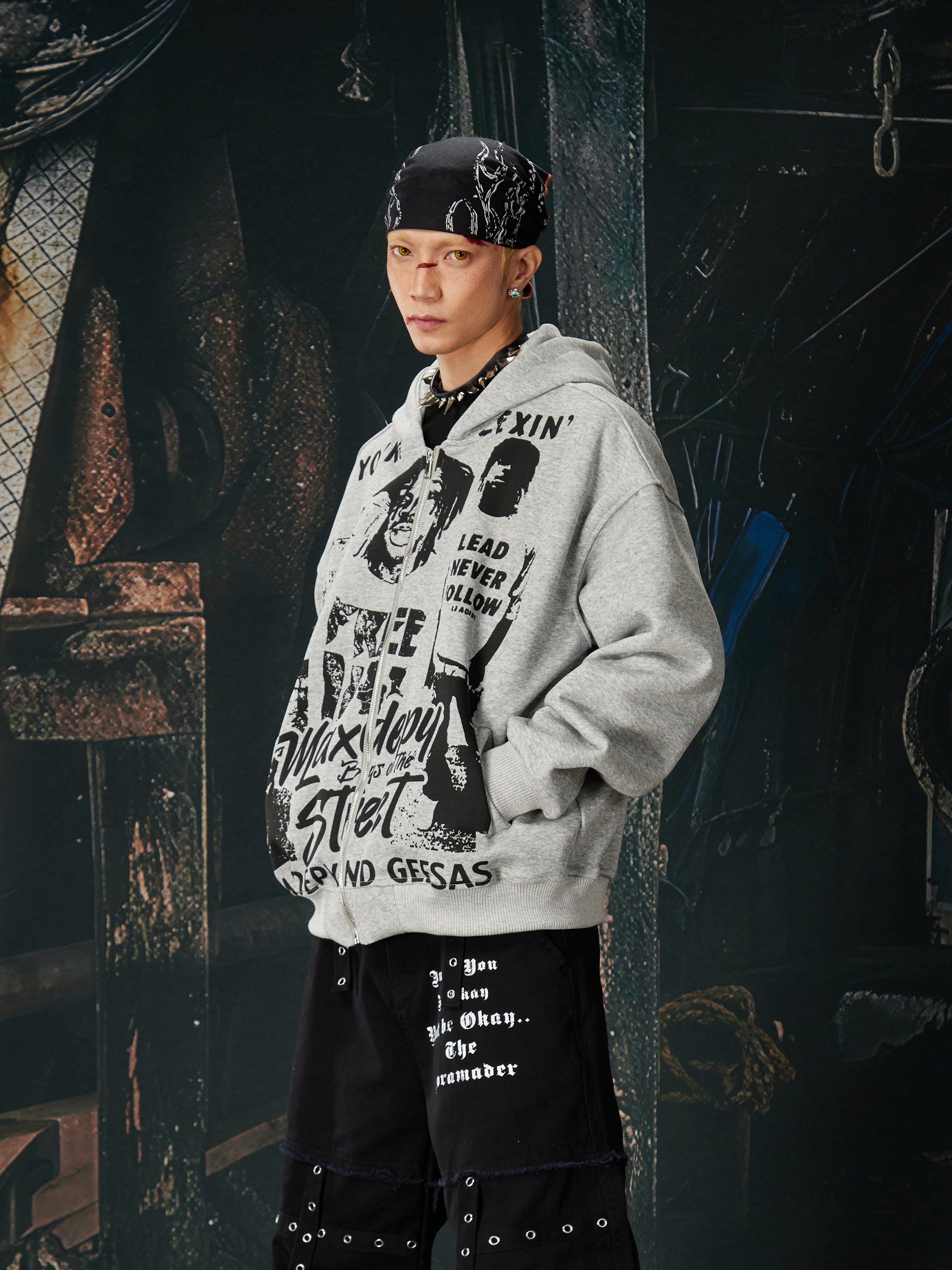 NOMANIAI Vintage printed punk loose short hooded jacket