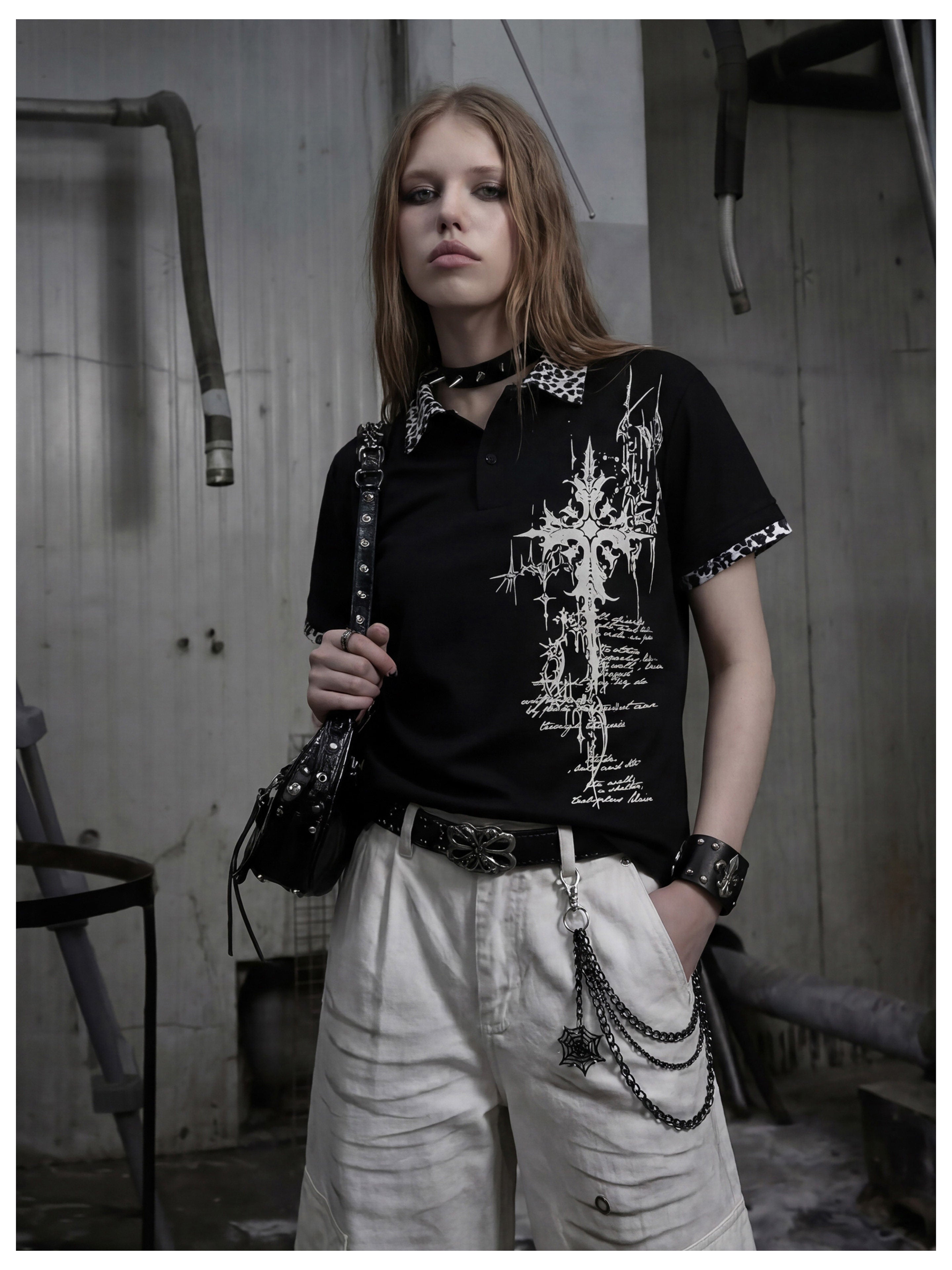 NOMANIAI Lightya Streetwear Y2K Leopard Print Collarless T-Shirt