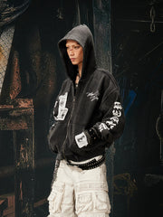 NOMANIAI Y2K punk print distressed washed hooded shirt