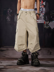 NOMANIAI Worn-out rivet flap pleated multi-pocket short pants