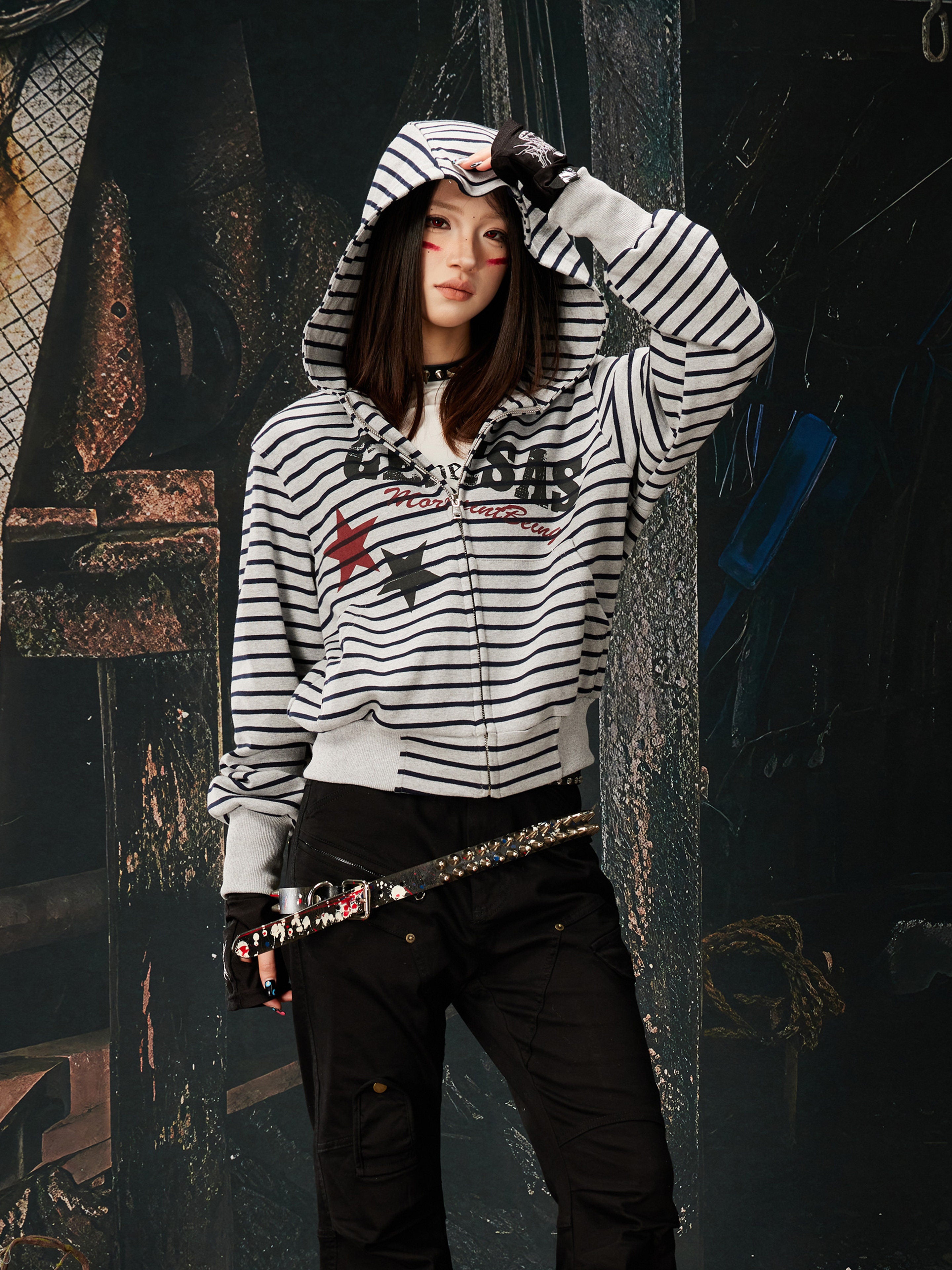 NOMANIAI Street Jersey Printed Striped Short Hooded Shirt