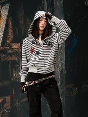 NOMANIAI Street Jersey Printed Striped Short Hooded Shirt