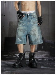 NOMANIAI Punk-style faded and studded short pants with rhinestones