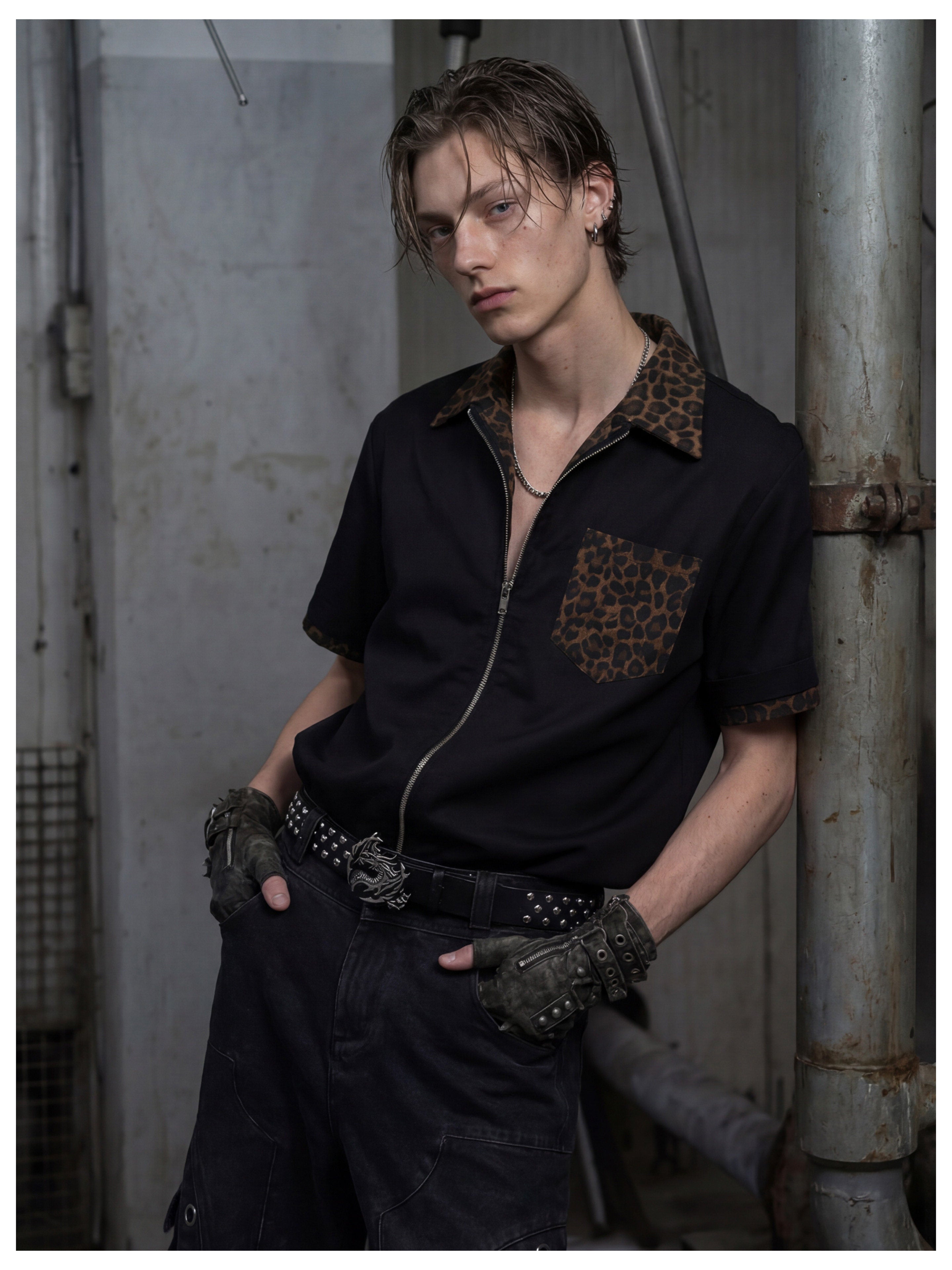 NOMANIAI Two-piece spliced leopard print zipper loose shirt
