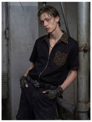 NOMANIAI Two-piece spliced leopard print zipper loose shirt