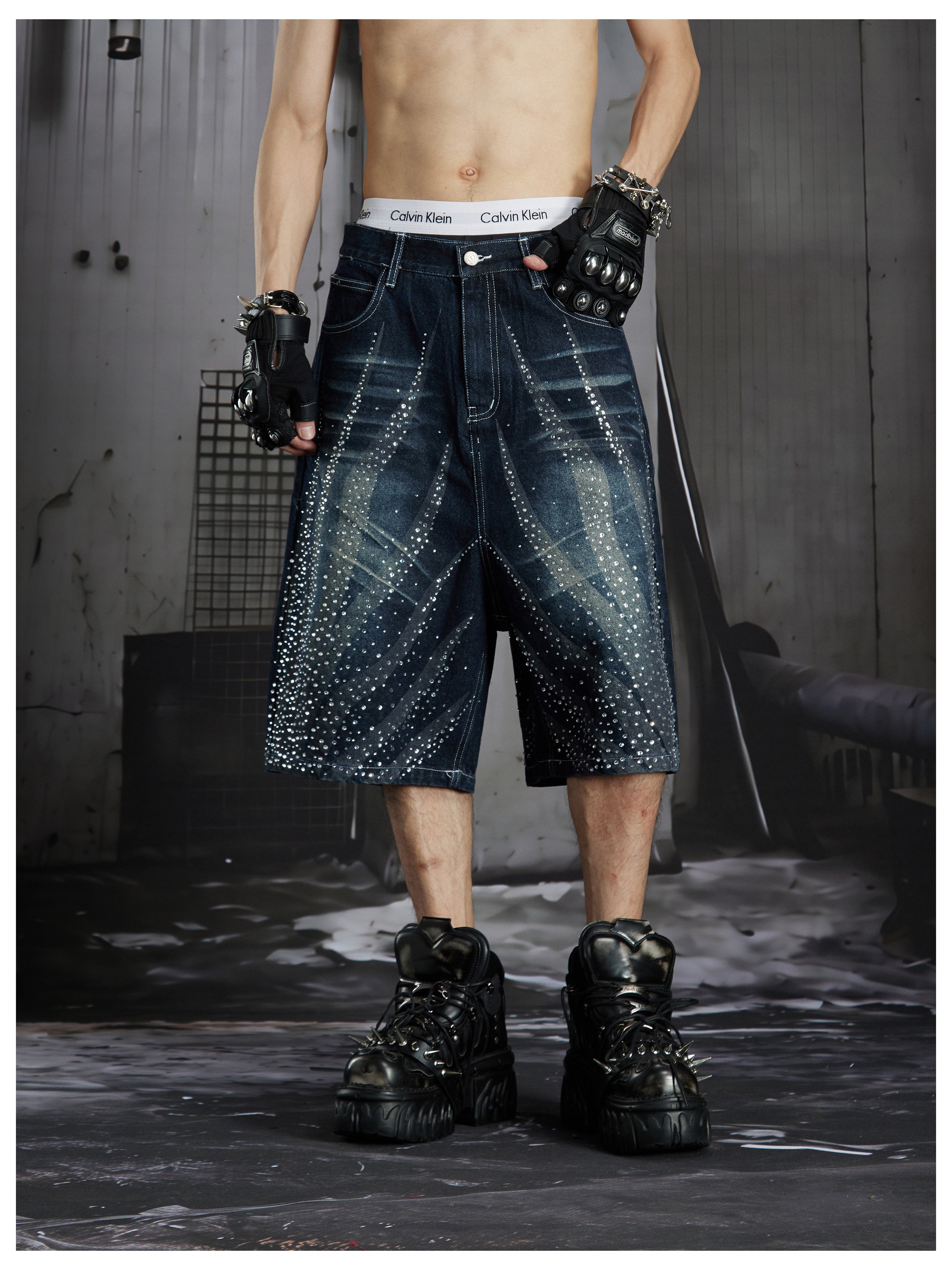 NOMANIAI Washing water distressed loose beaded seven-inch pants