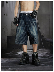 NOMANIAI Washing water distressed loose beaded seven-inch pants