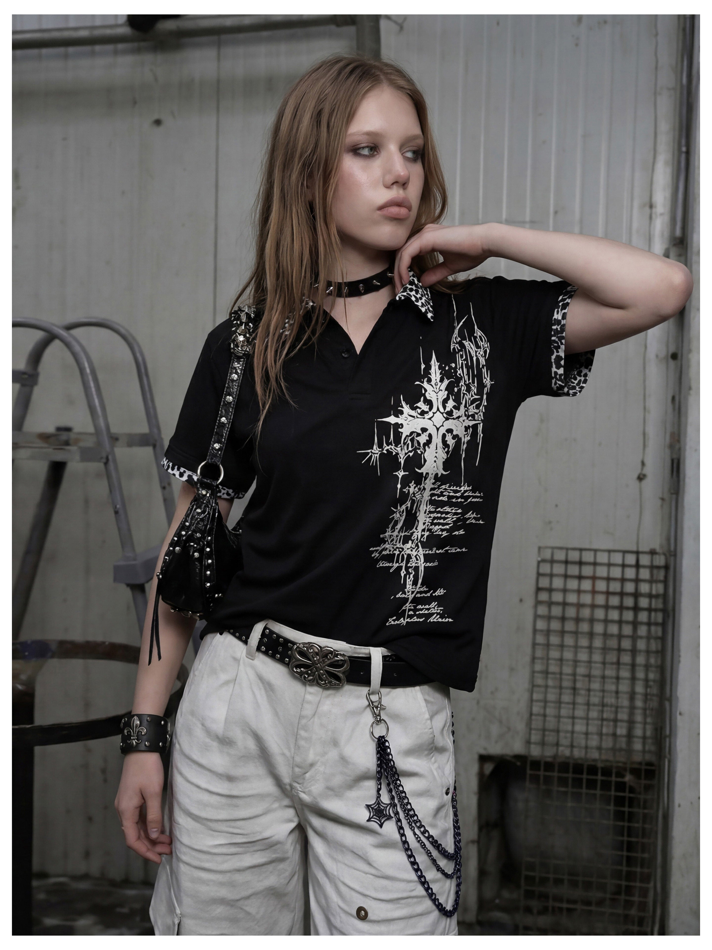NOMANIAI Lightya Streetwear Y2K Leopard Print Collarless T-Shirt