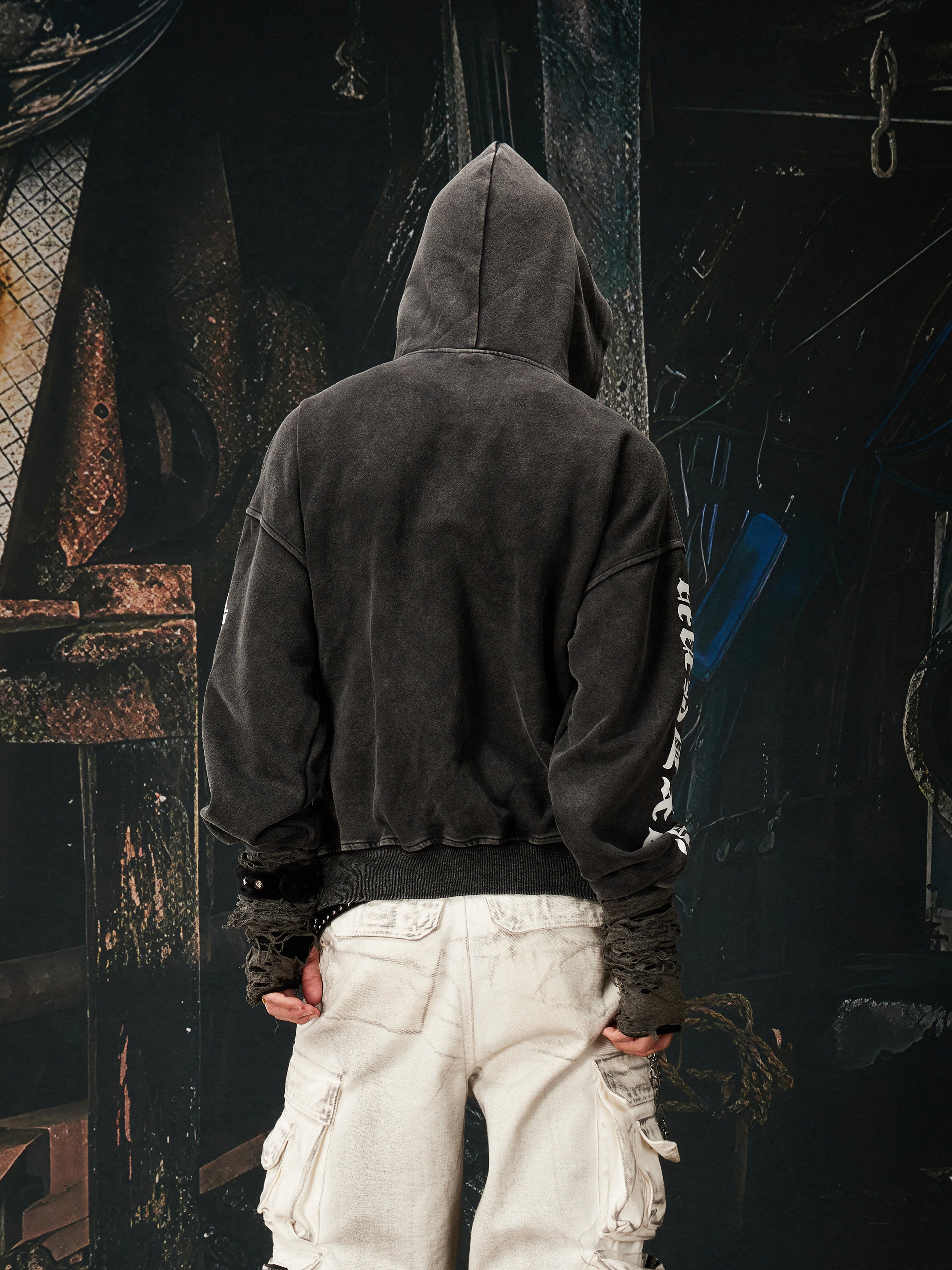 NOMANIAI Y2K punk print distressed washed hooded shirt