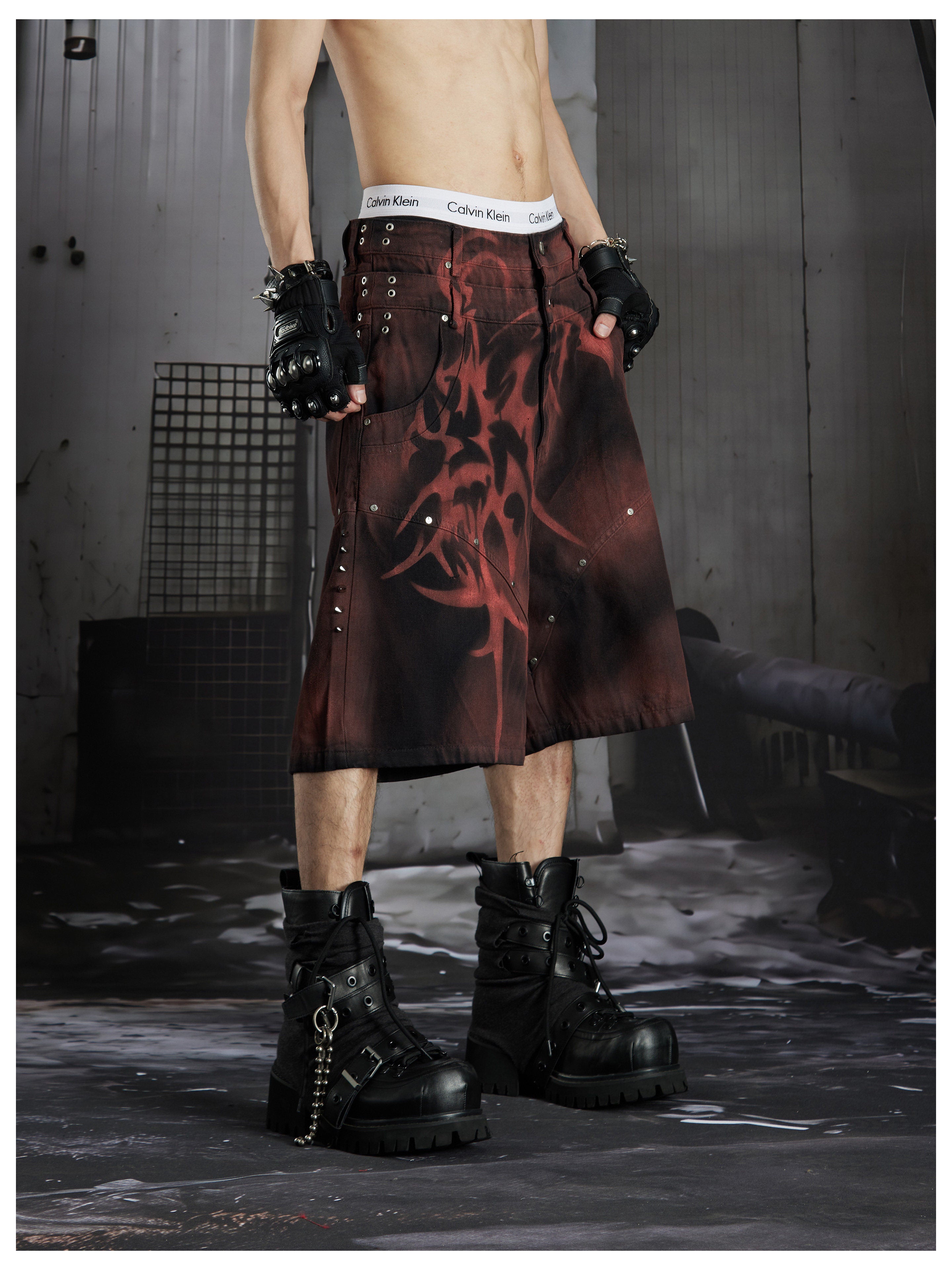 NOMANIAI Dark Vanguard Y2K Hand-painted Rivet Five-Piece Pants