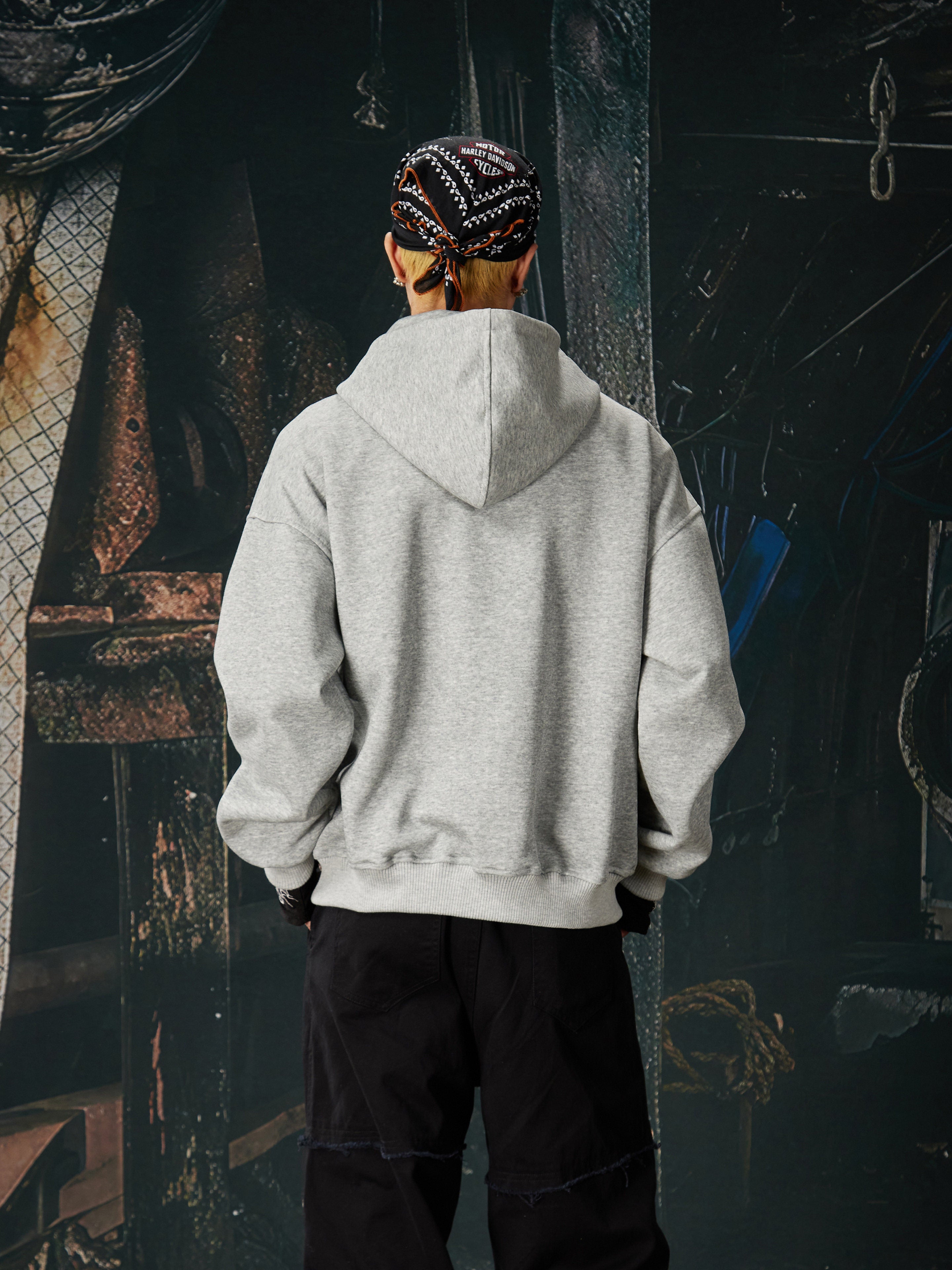 NOMANIAI Vintage printed punk loose short hooded jacket