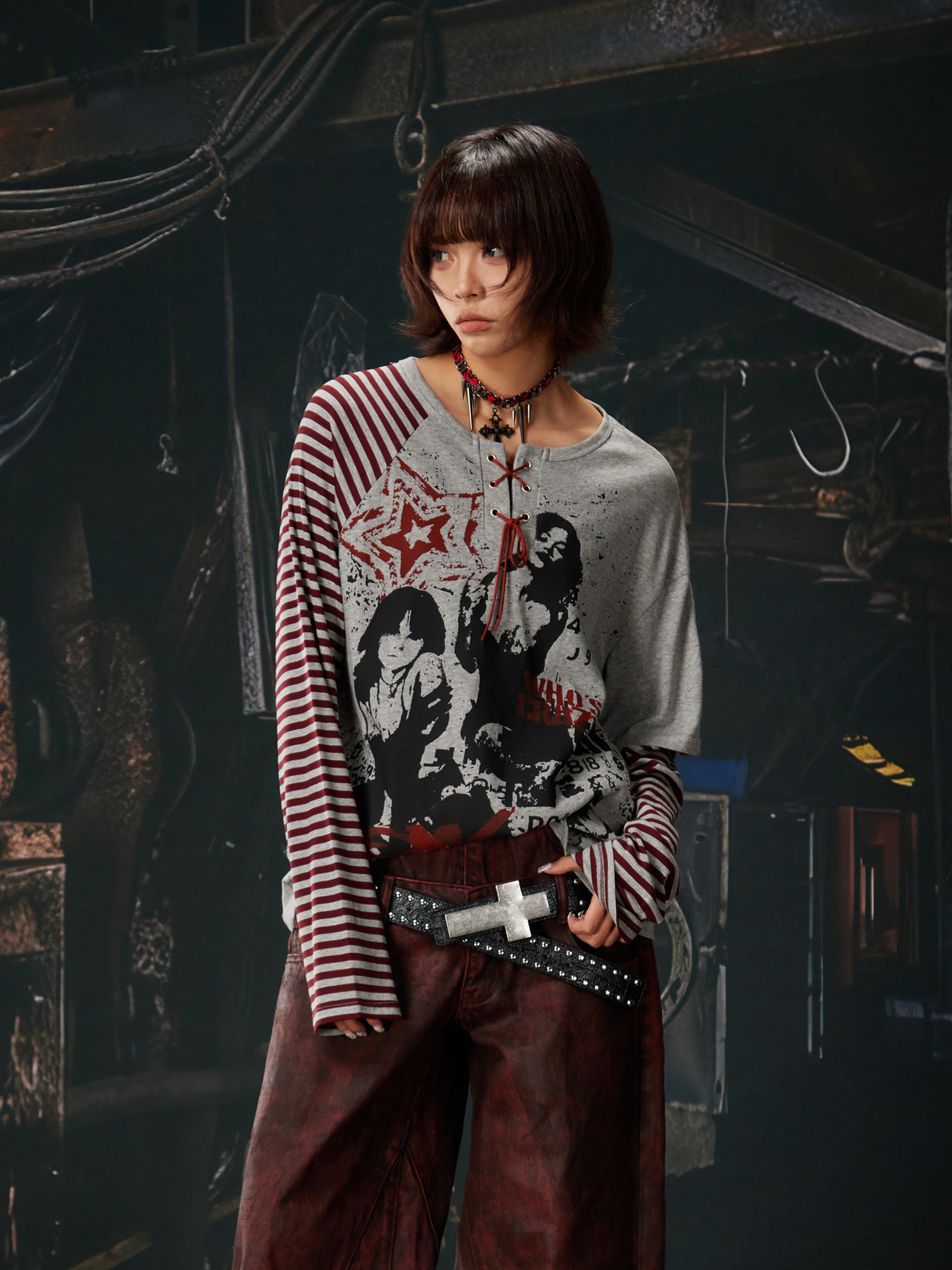 NOMANIAI Punk Y2K Patchwork Stripes Printed T-Shirt
