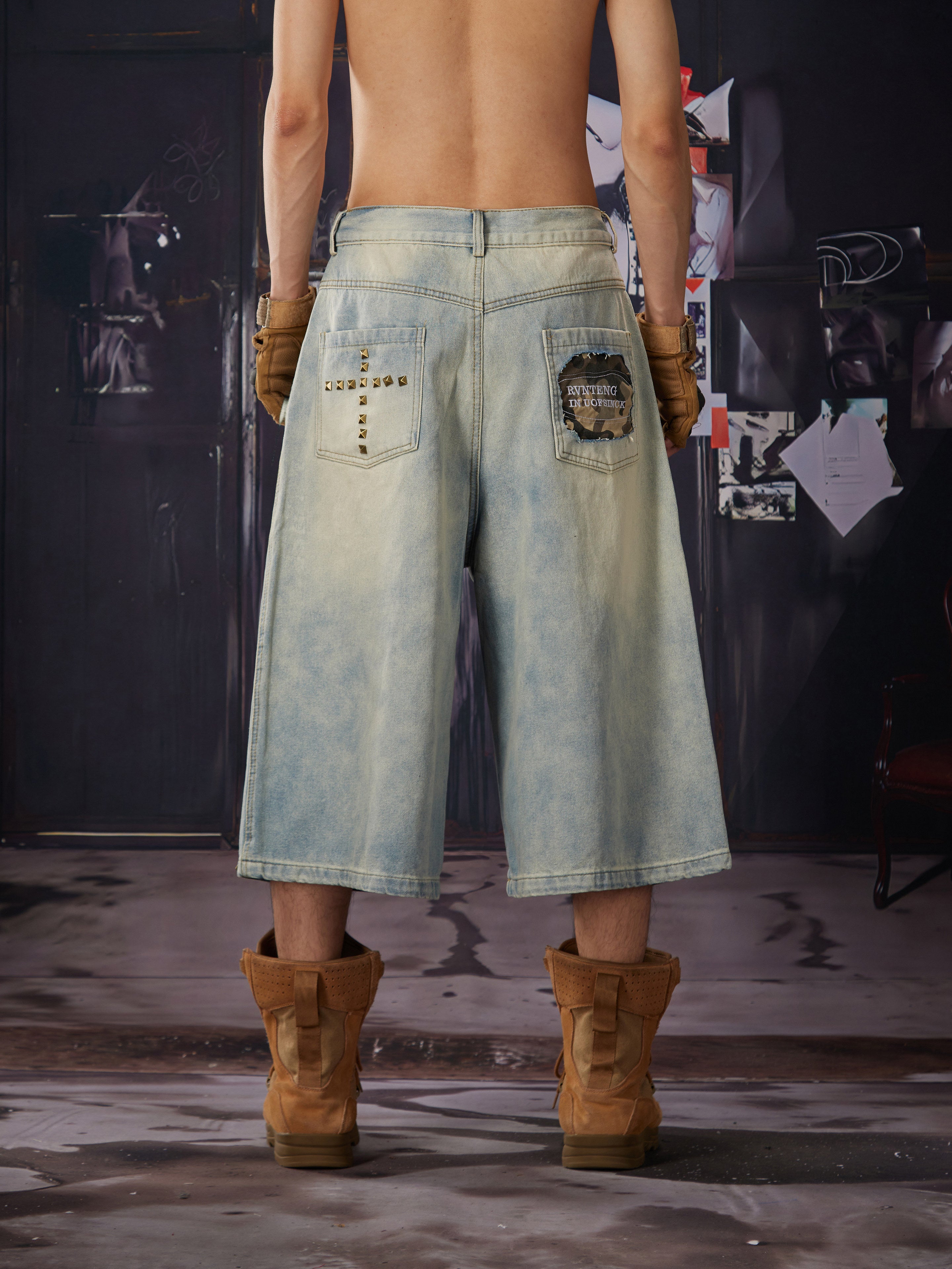 NOMANIAI Vintage rivet camouflage patchwork jeans