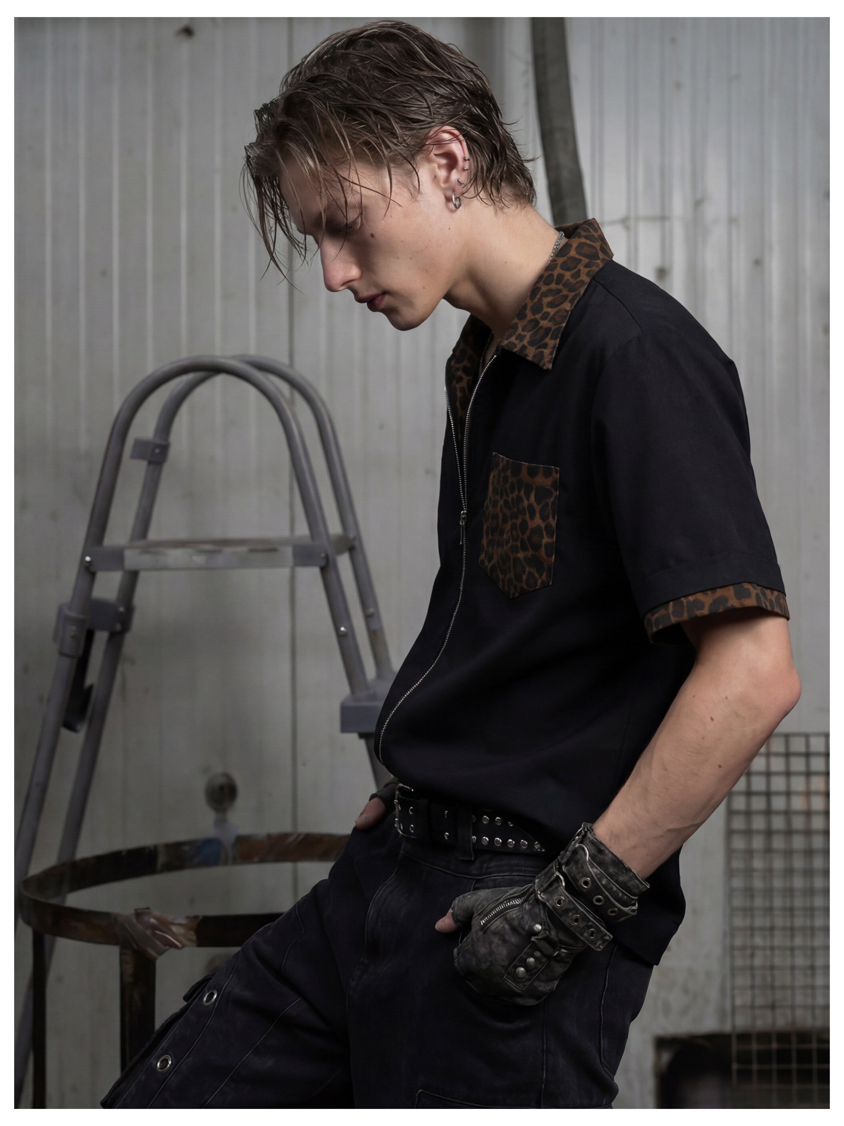 NOMANIAI Two-piece spliced leopard print zipper loose shirt