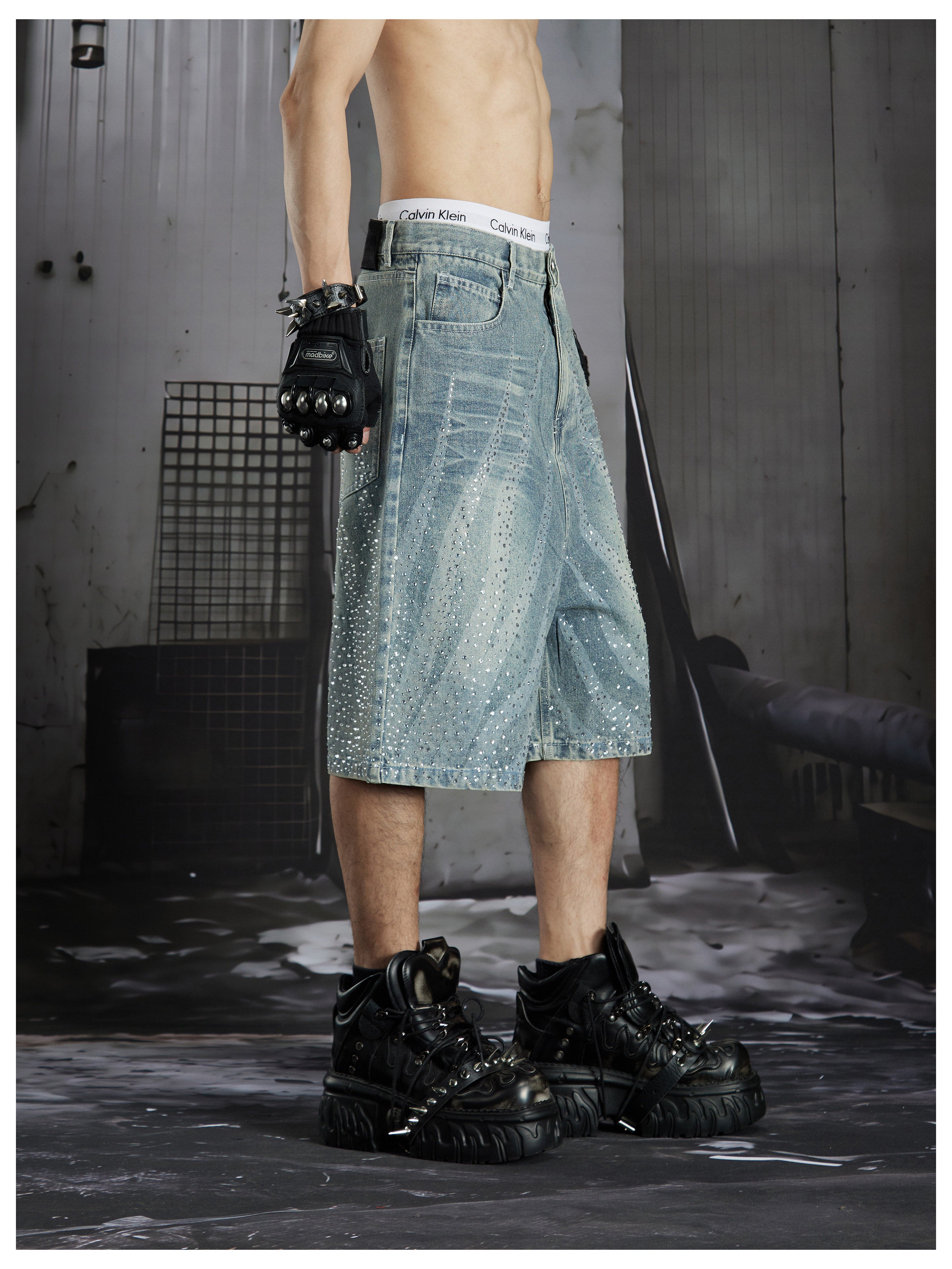 NOMANIAI Washing water distressed loose beaded seven-inch pants