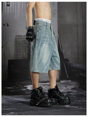NOMANIAI Washing water distressed loose beaded seven-inch pants