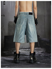 NOMANIAI Washing water distressed loose beaded seven-inch pants