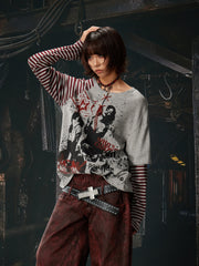 NOMANIAI Punk Y2K Patchwork Stripes Printed T-Shirt