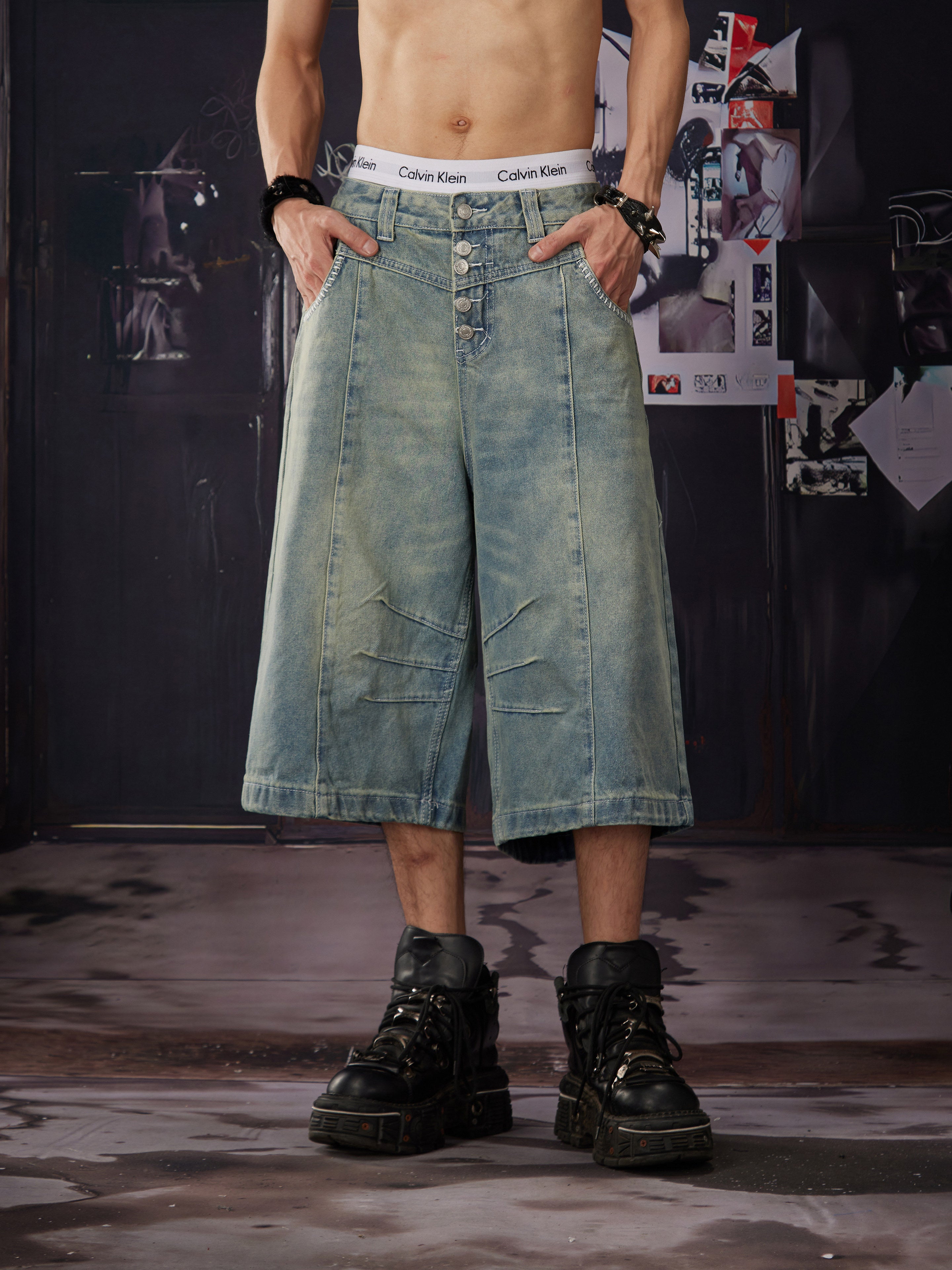NOMANIAI Buttoned washed distressed loose straight jeans
