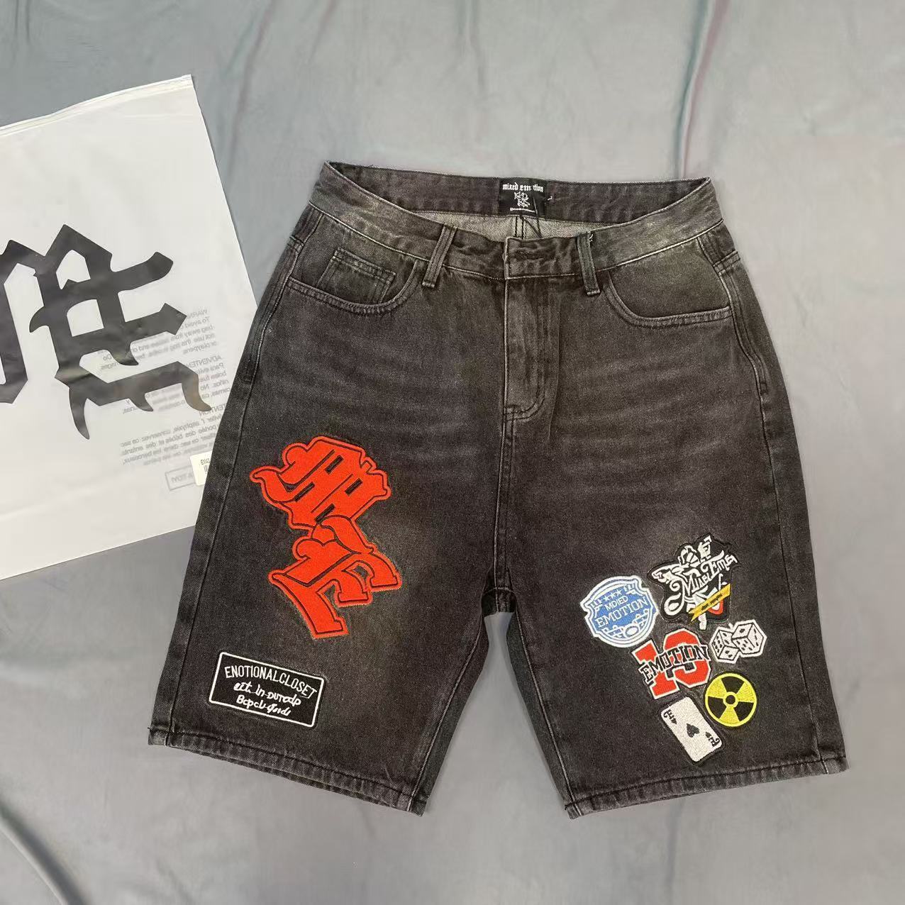MIXED EMOTION Embroidered Badge Denim Cargo Shorts