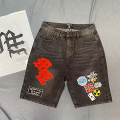 MIXED EMOTION Embroidered Badge Denim Cargo Shorts