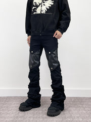 A knife punk leather flared denim pants
