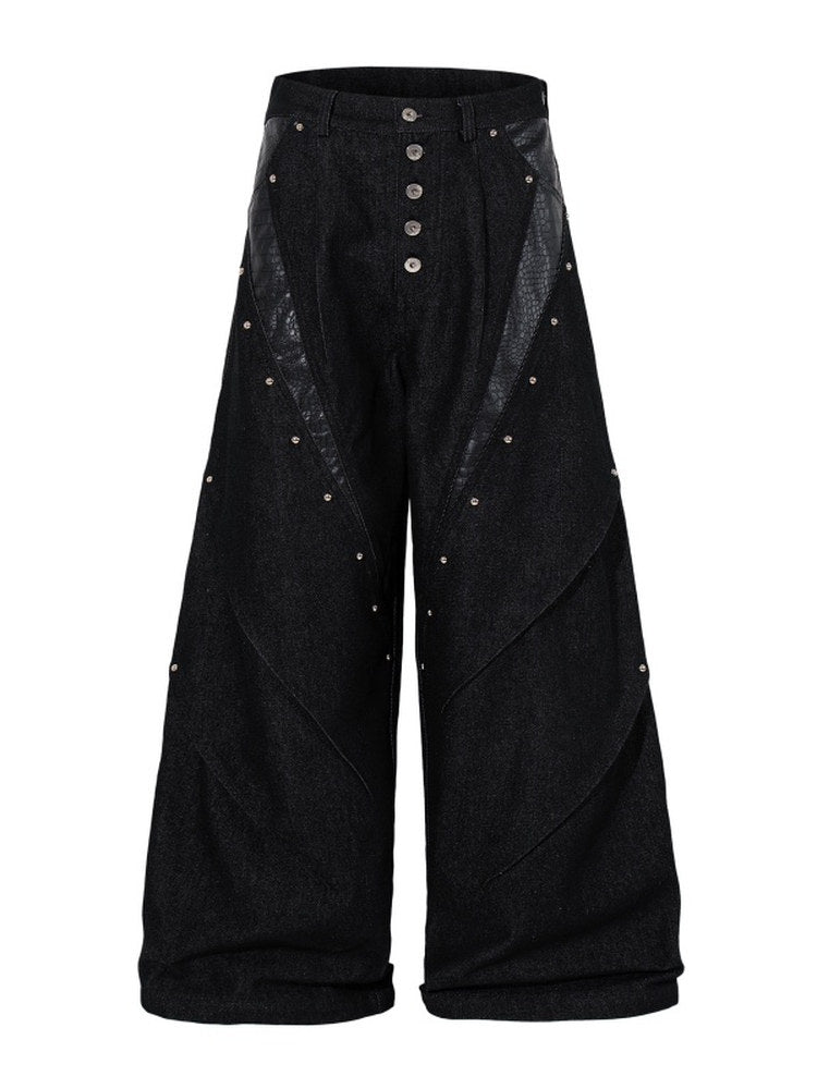 A knife high street patchwork python leather riveted denim pants