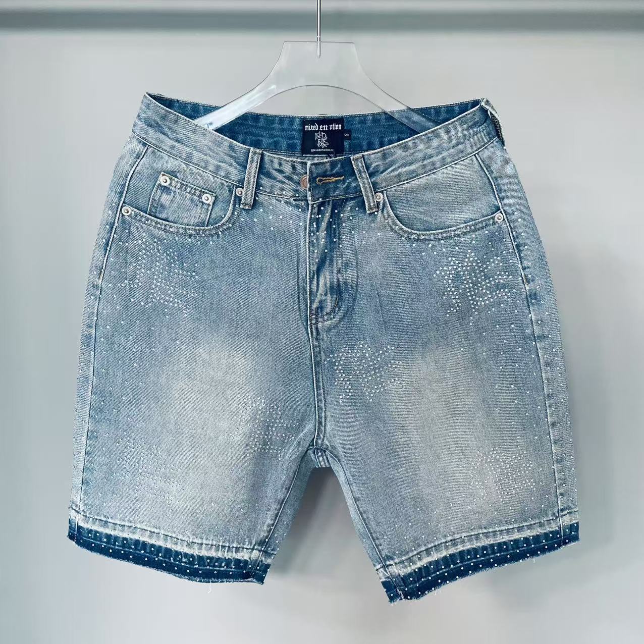 MIXED EMOTION Rhinestone Logo Denim Shorts