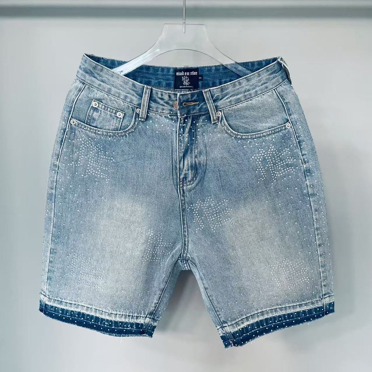 MIXED EMOTION Rhinestone Logo Denim Shorts