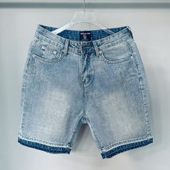 MIXED EMOTION Rhinestone Logo Denim Shorts
