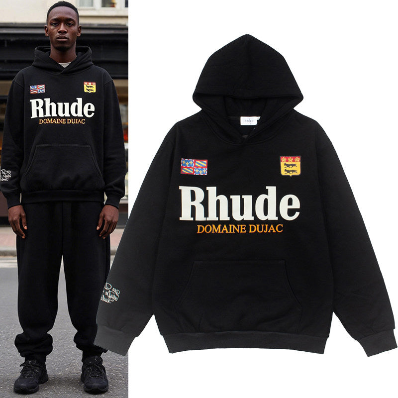 RHUDE American Vintage Badge Letter Fleece Hooded Sweatshirt