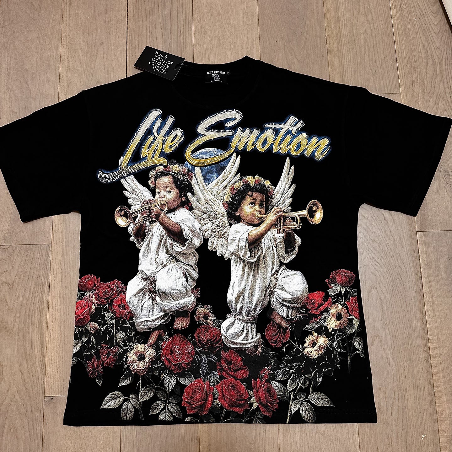 MIXED EMOTION Rhinestone Angel Graphic T-Shirt
