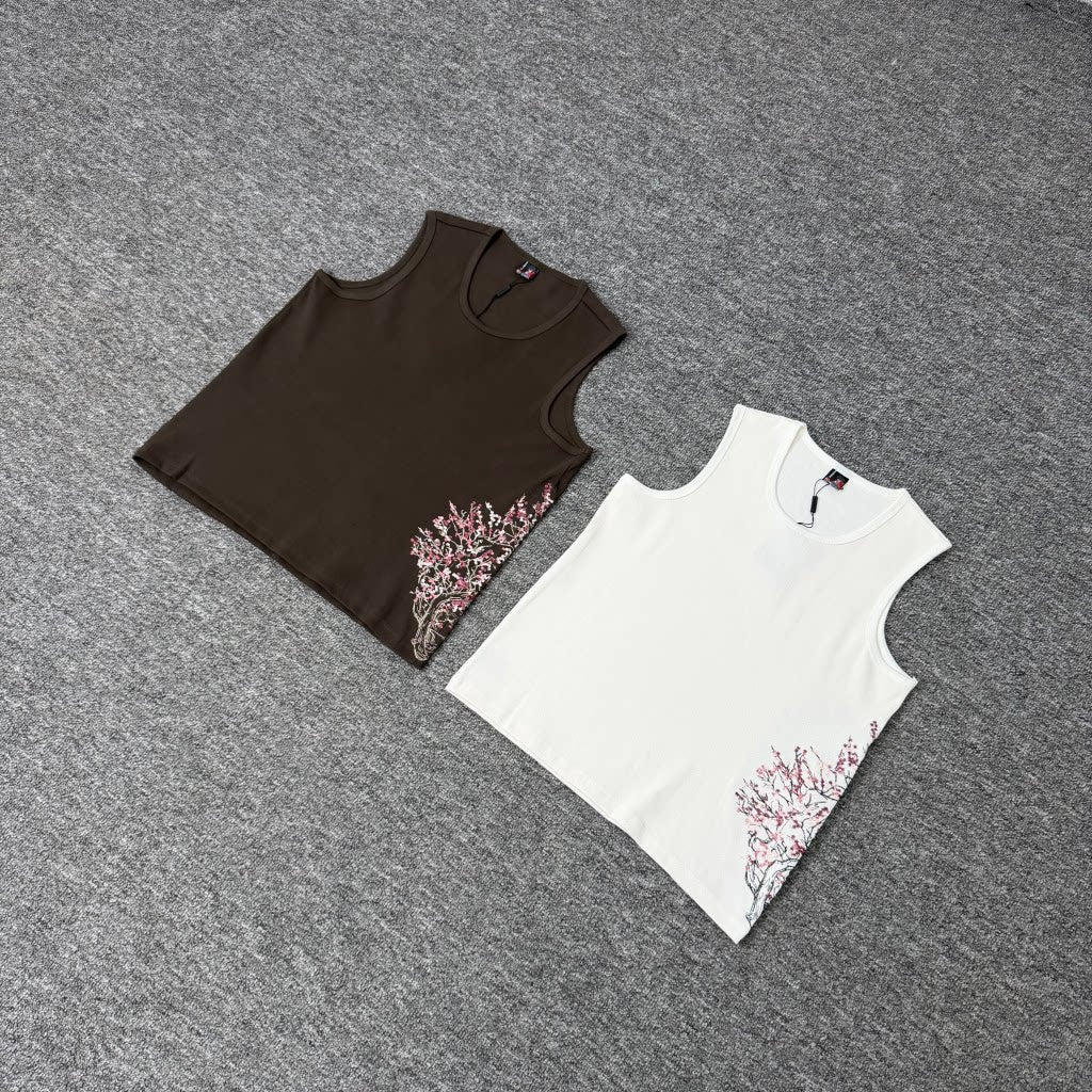 Derschutze Sakura Embroidered Pure Cotton Tank Top
