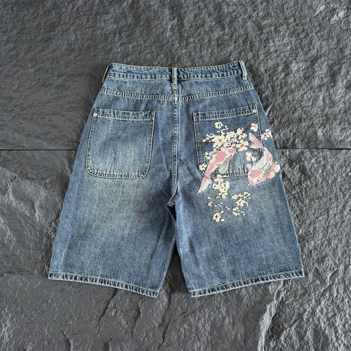 Derschutze Floral Embroidered Loose Denim Shorts