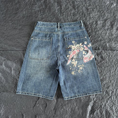 Derschutze Floral Embroidered Loose Denim Shorts