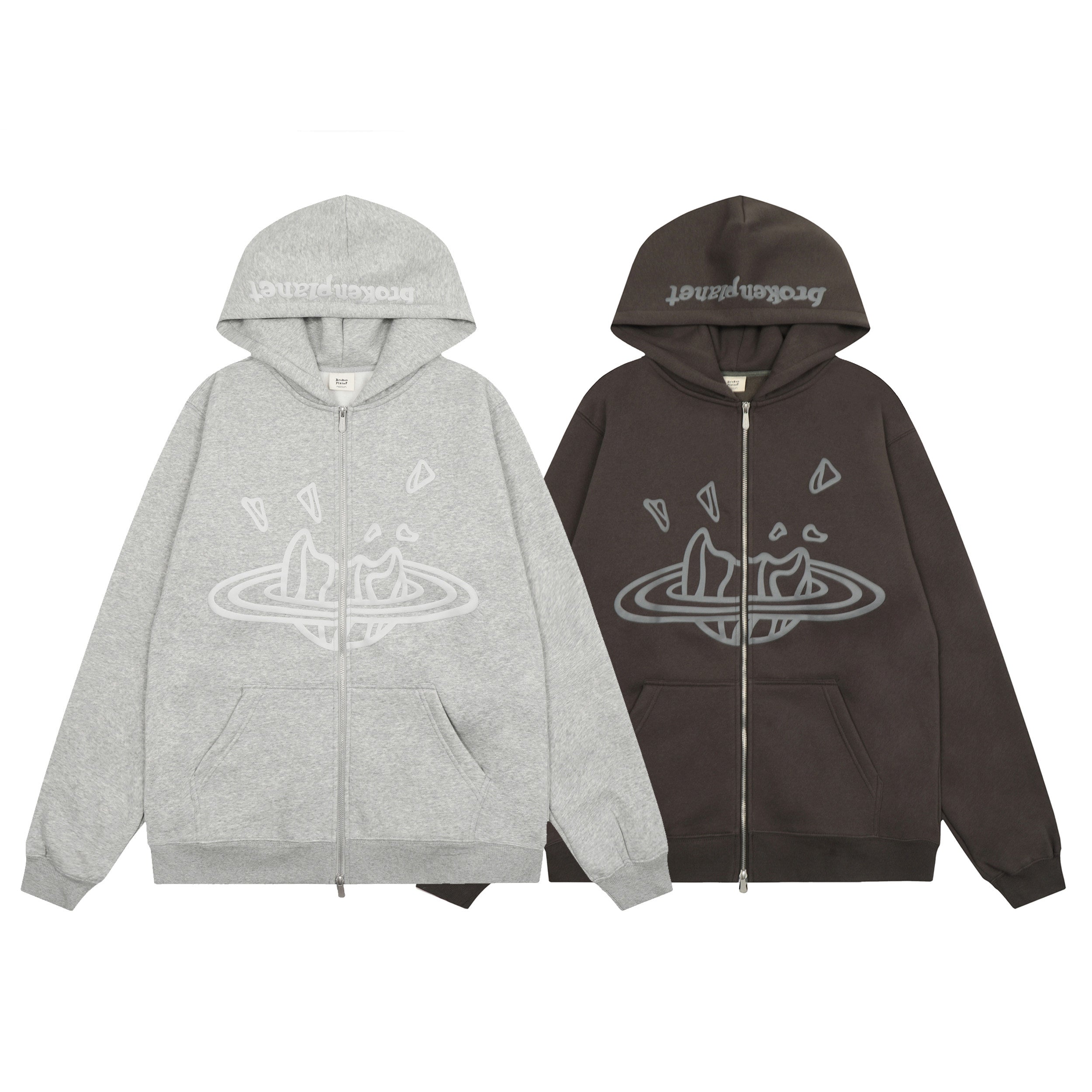Broken Planet Puff Print Fleece Zip Up Hoodie