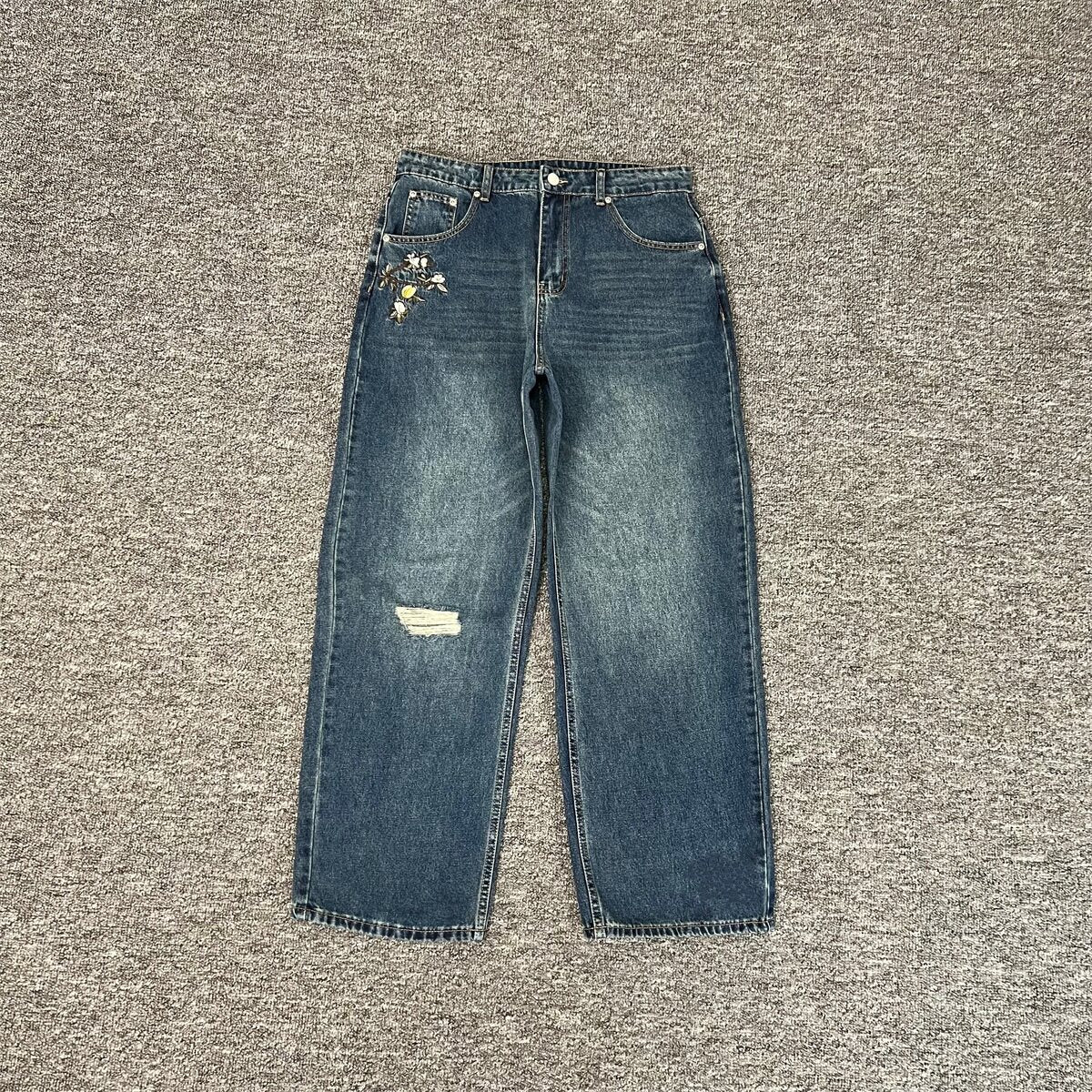 Derschutze Retro Distressed Embroidered Barrel Fit Jeans