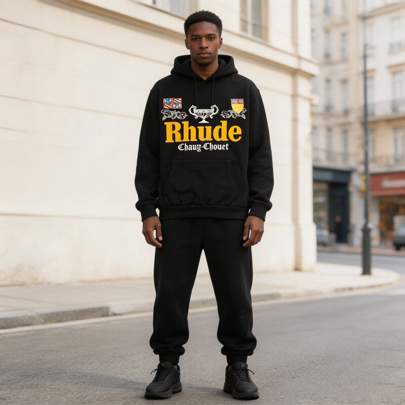 RHUDE Euro Streetwear Badge Letter Print Fleece Hoodie