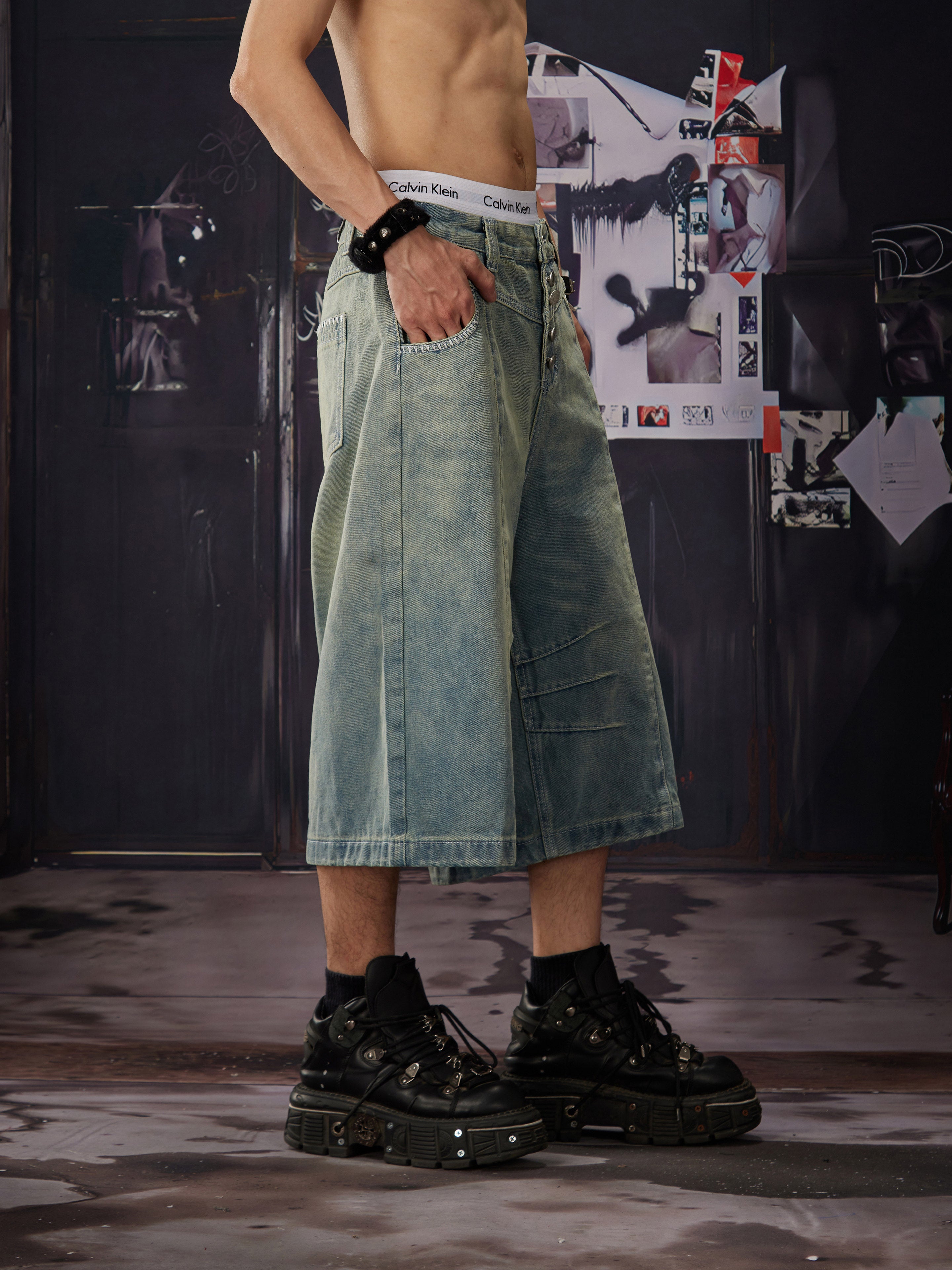 NOMANIAI Buttoned washed distressed loose straight jeans