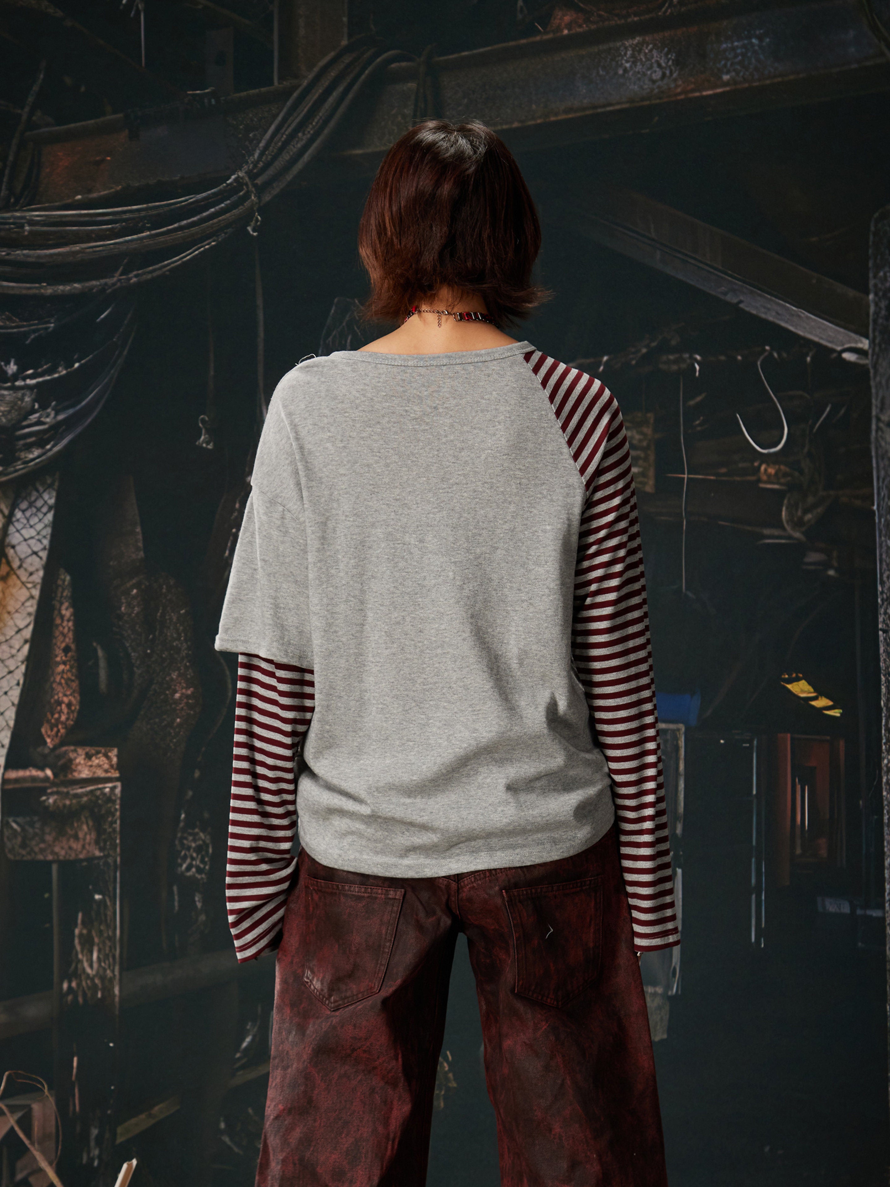 NOMANIAI Punk Y2K Patchwork Stripes Printed T-Shirt