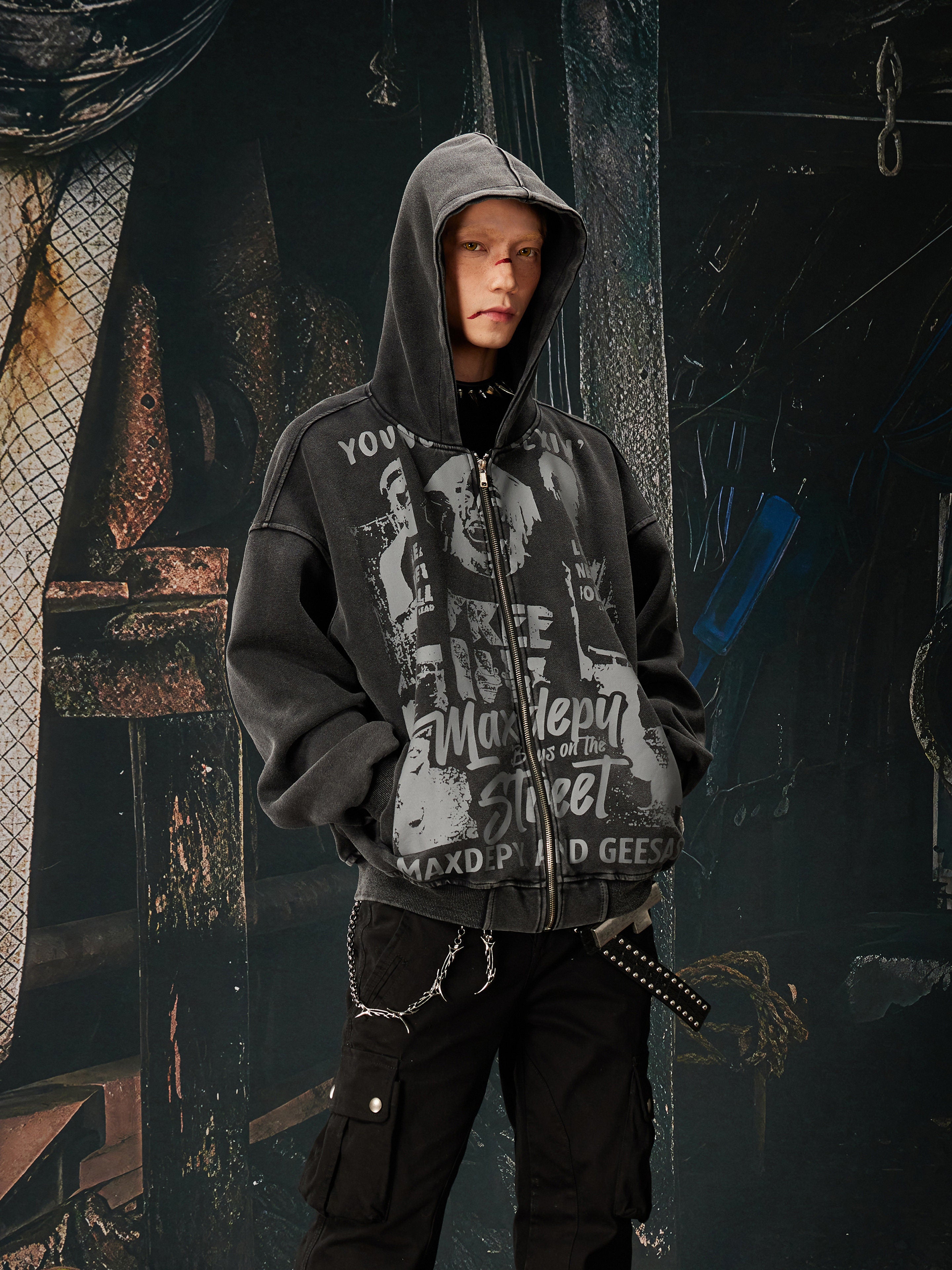 NOMANIAI Vintage printed punk loose short hooded jacket
