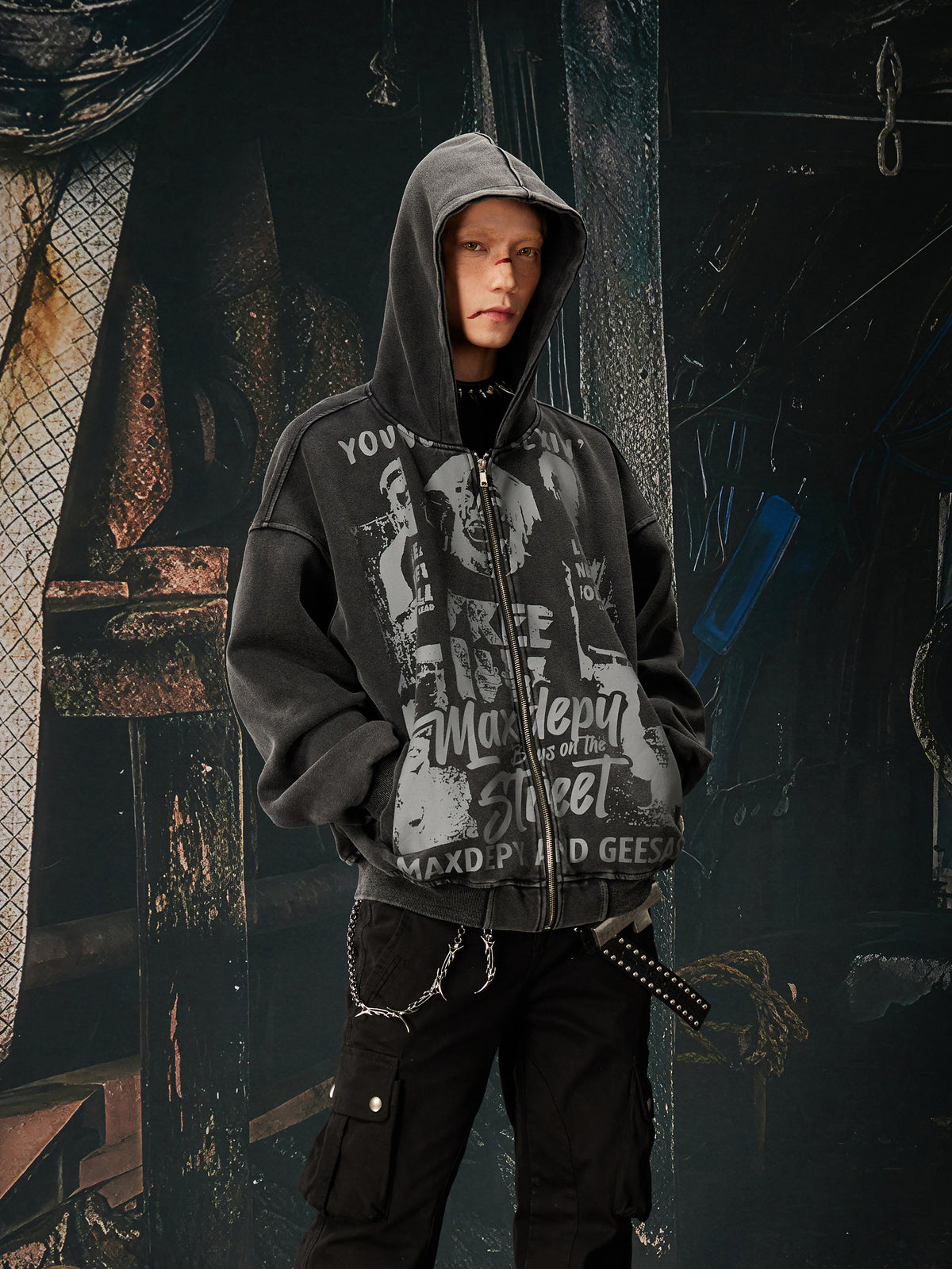 NOMANIAI Vintage printed punk loose short hooded jacket