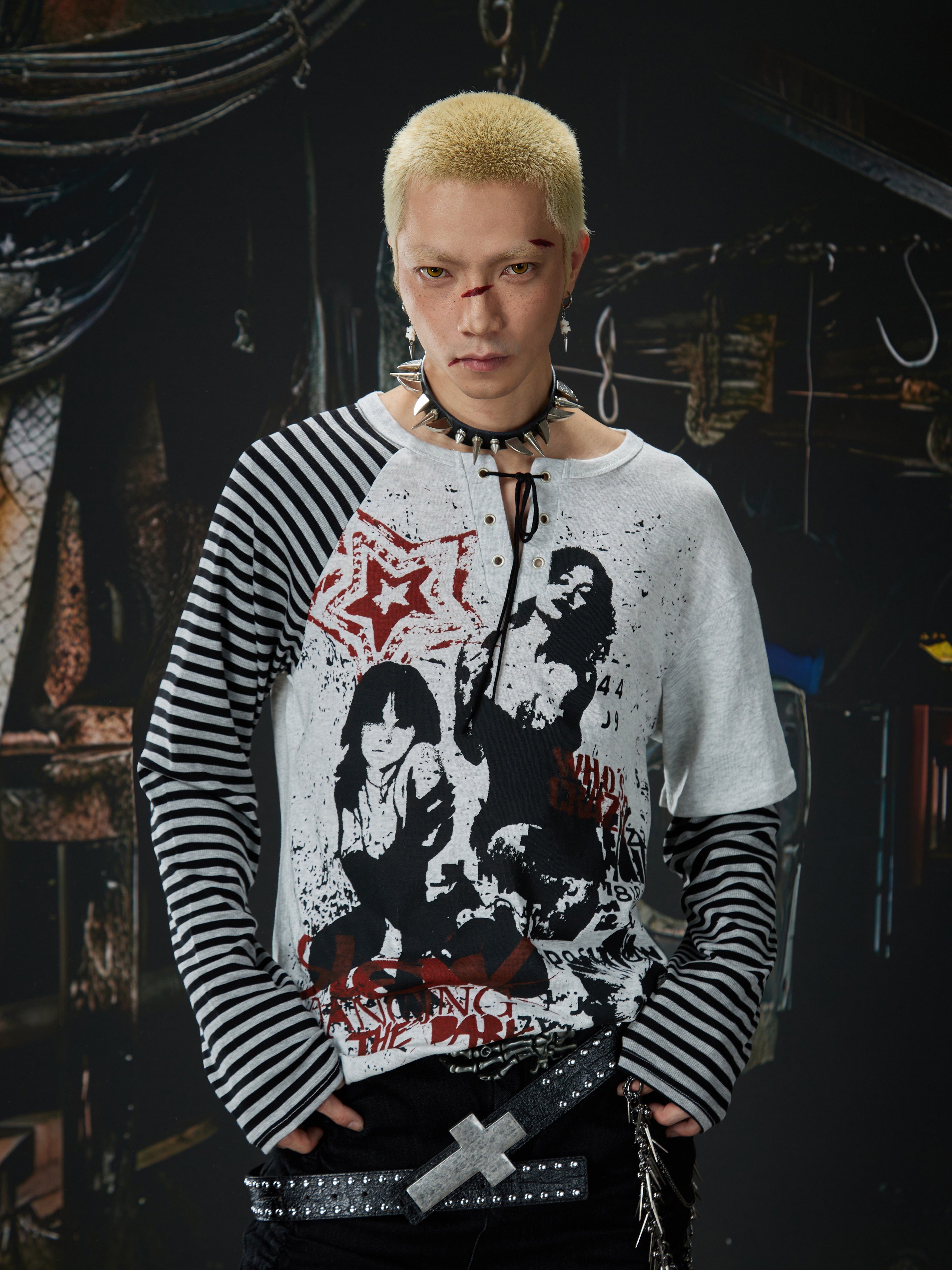 NOMANIAI Punk Y2K Patchwork Stripes Printed T-Shirt