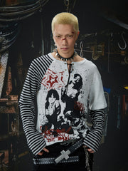 NOMANIAI Punk Y2K Patchwork Stripes Printed T-Shirt